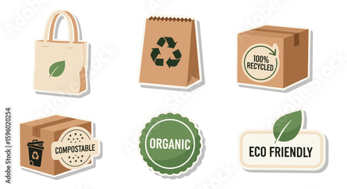 Eco-friendly packaging icons set: reusable tote bag, paper bag, cardboard box, compostable stickers, organic label, and eco-friendly badge, ideal for sustainable branding and eco-conscious businesses.