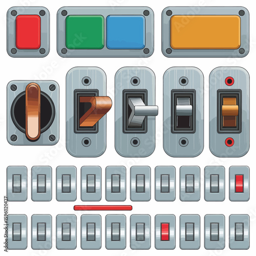 Collection of various electrical switches and buttons for industrial and home use
