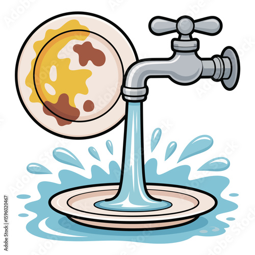 Dirty plate being washed under running water from a faucet