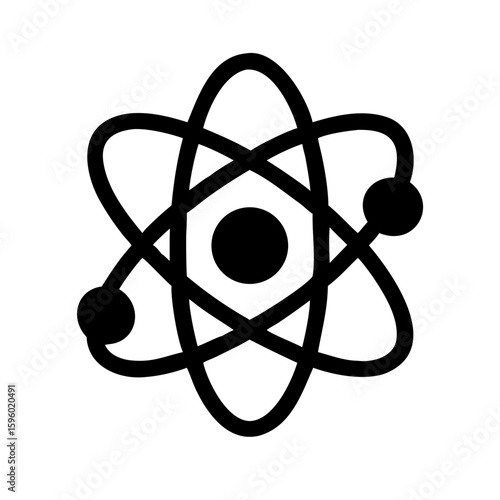 simple outline icon of an atom with electrons orbiting a nucleus, ideal for websites/blogs on science, chemistry, physics, research, innovation, or education