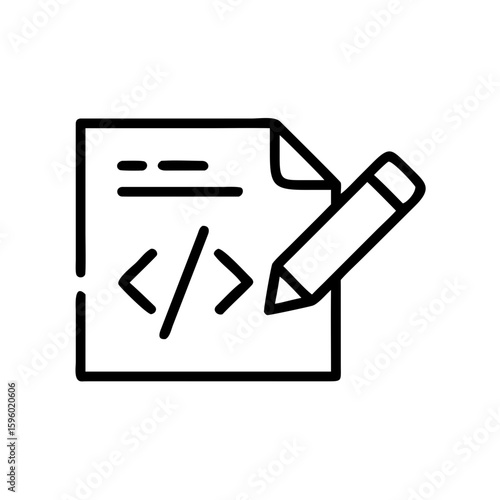 A minimalist linear icon of a document with code tags and a pencil, representing editing or writing code in a modern outline style, suitable for websites or blogs about programming, web development