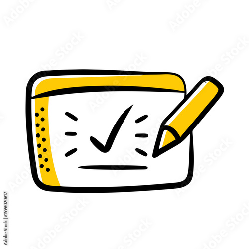 A hand-drawn doodle icon of a clipboard, a checkmark, and a pencil. This whimsical image is suitable for websites and blogs about task completion, success, or checklists.

