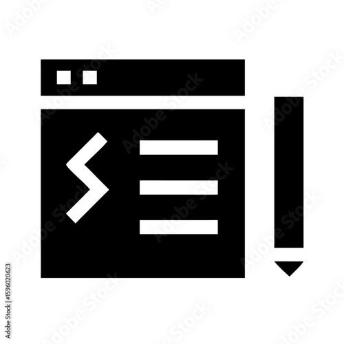 A black solid icon of a browser window with code and a pencil, perfect for websites or blogs about programming, web development, content creation, or SEO.