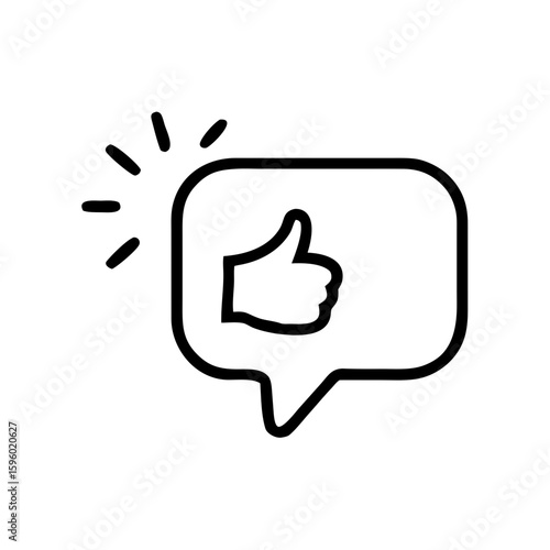 A minimalist linear icon of a thumbs-up gesture inside a speech bubble with a spark effect, representing like/feedback in a modern outline style, suitable for websites or blogs about social media