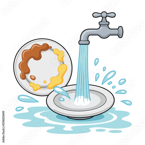 Dirty dishes being washed under a running faucet with water splashing