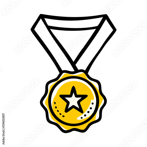 A hand-drawn doodle icon of a gold medal with a star, ideal for websites or blogs celebrating achievements, awards, success, recognition, or quality.

