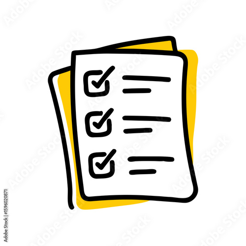 cartoonish, colored outline icon of a completed checklist on a document, ideal for websites/blogs indicating task completion, surveys, planning, or successful processes