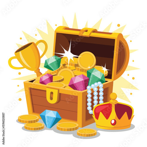 Open treasure chest filled with gold coins jewels and a crown