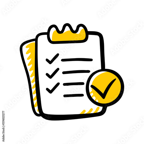 hand-drawn checklist icon with a clipboard, completed tasks, and a prominent checkmark, ideal for websites or blogs about finished projects, productivity, or successful planning.
