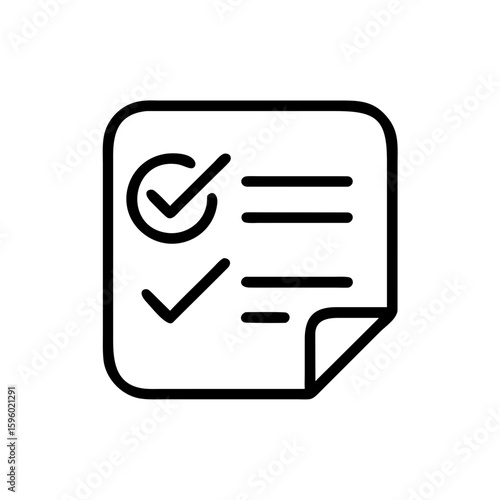 flat outline icon shows a checklist with three checked boxes and a large checkmark in a circle, suitable for websites or blogs indicating completion, success, tasks, or verification