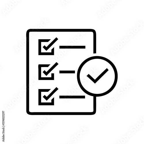 flat outline icon shows a checklist with three checked boxes and a large checkmark in a circle, suitable for websites or blogs indicating completion, success, tasks, or verification