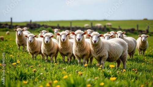 flock of sheep in green pasture, woolly coats, pastoral peace
