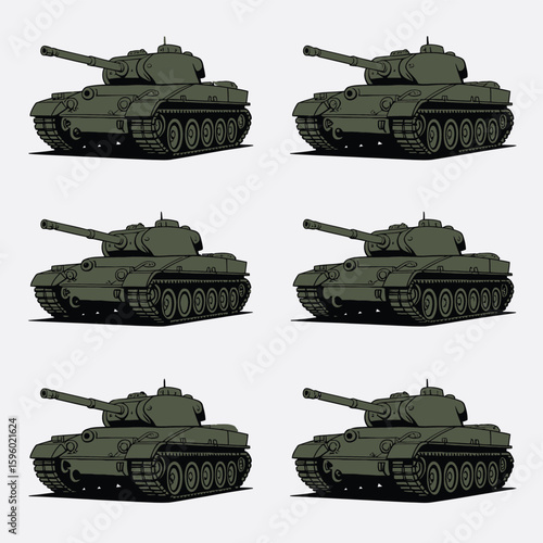 Six realistic military tanks in a grid formation