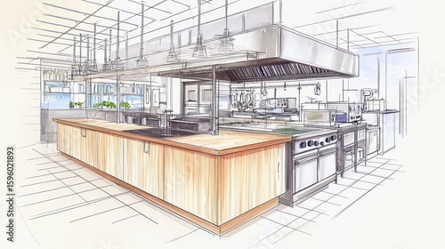 Detailed architectural sketch of a commercial kitchen design.