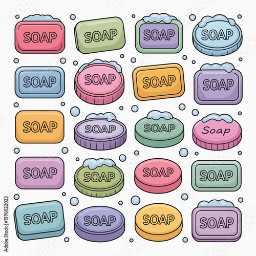 Colorful assortment of vintage style soap bars with bubbles