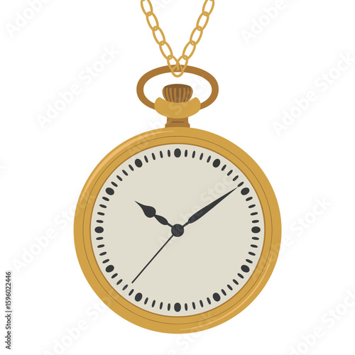 Classic gold pocket watch with chain on white background