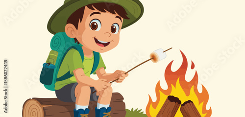 Happy young boy wearing a hat and backpack roasting a marshmallow over a campfire