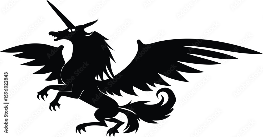 Fototapeta premium Winged Unicorn–Dragon Hybrid Silhouette Illustration
