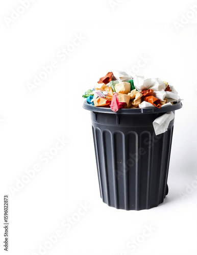 An overfilled plastic trash bin with visible dents and surface wear with various garbage items like crumpled paper and plastic wrappers