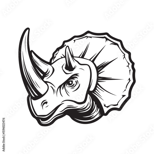 Vector illustration of a sketch of a triceratops head with detailed horns and skin texture, depicting one of the iconic dinosaurs from prehistoric times.