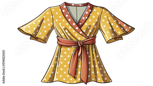 Wrap dress with polka dots and flutter sleeves displayed on a clean white background. The soft fabric folds naturally, showcasing elegant charm in a stylish semi-realistic vector-ready design.