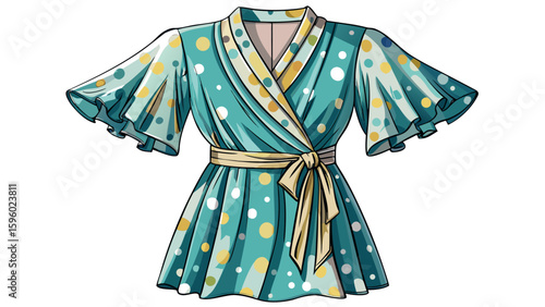 Wrap dress with polka dots and flutter sleeves displayed on a clean white background. The soft fabric folds naturally, showcasing elegant charm in a stylish semi-realistic vector-ready design.
