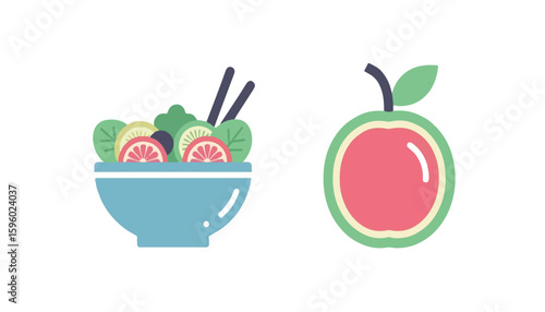 Fresh Salad and Apple Illustration, Healthy Food Concept, Minimalist Design, Colorful Graphics