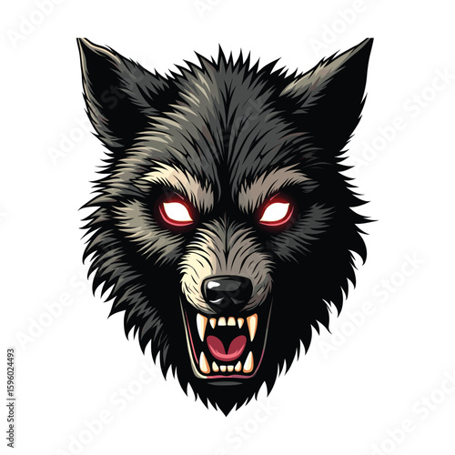 Fierce werewolf head with red glowing eyes