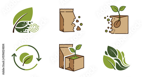 A collection of eco-friendly illustrations showcasing concepts like recycling, growth, and sustainable practices with green leaves and paper bag elements.