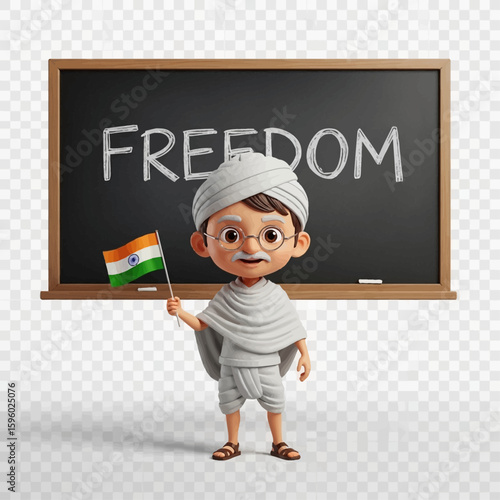 A 3D-rendered cartoon Mahatma Gandhi figure proudly holds an Indian flag before a chalkboard proclaiming "Freedom.".