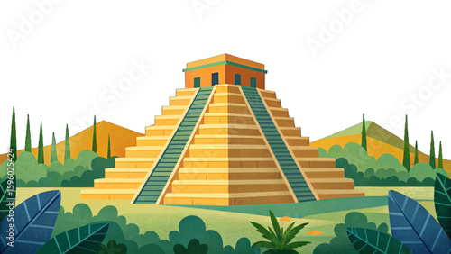 Chichen Itza Mayan pyramid in Yucatán Vector illustration, Mexico, featuring ancient stone steps, jungle surroundings, clear isolated sky, and archaeological heritage theme design