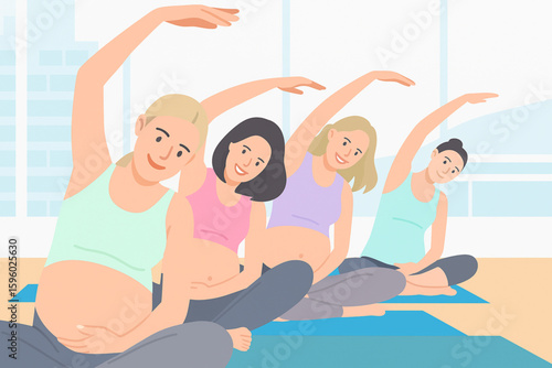 Pregnant Women Practicing Prenatal Yoga Together