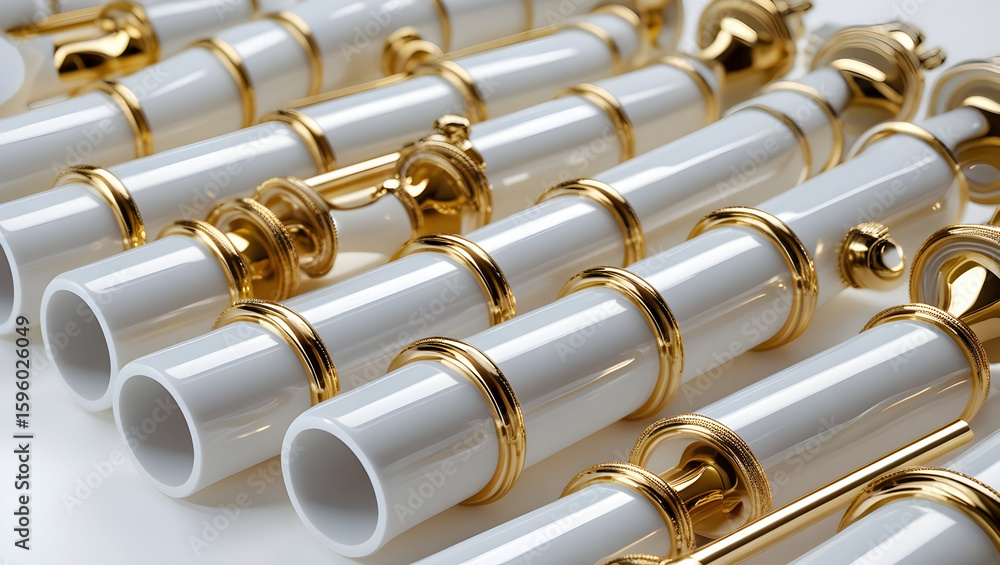 Naklejka premium White and gold pipes isolated on transparent background 