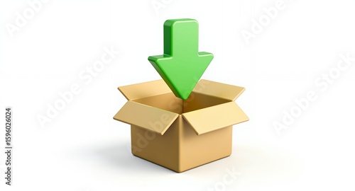 A 3D rendered image depicting a green downward-pointing arrow entering an open cardboard box. This image is ideal for illustrating concepts 