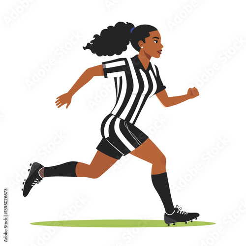 Female Soccer Player in Action, Black and White Striped Uniform, Running Fast