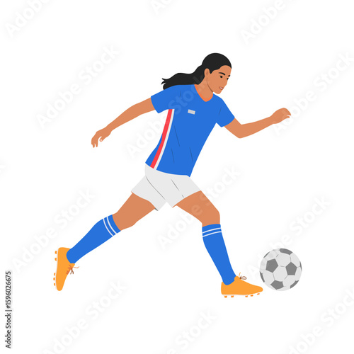 Female Soccer Player in Blue Jersey Kicking Ball, Vector Illustration