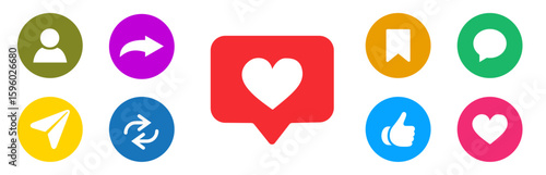 Like, love, heart, thumb up, repost, comment, share, save, stories user button sign in circle and speech bubble shapes, emoji post reactions, set social media notification functional icons.