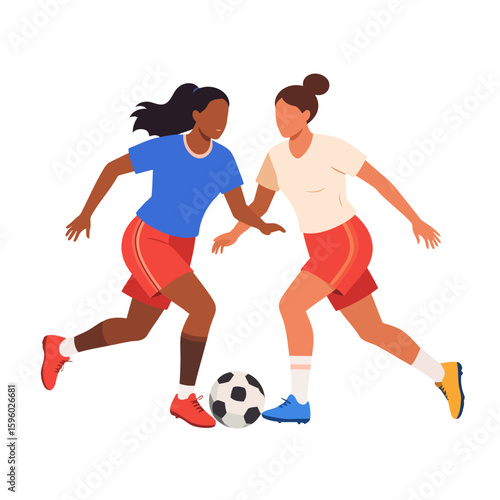 Two diverse female soccer players in action, dribbling a ball