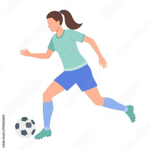 Dynamic female soccer player dribbling ball in athletic pose, wearing sports uniform.