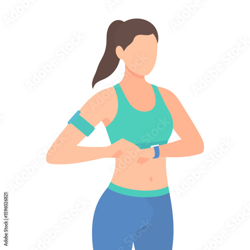 Fit woman with ponytail in turquoise and blue sportswear checking her fitness tracker.