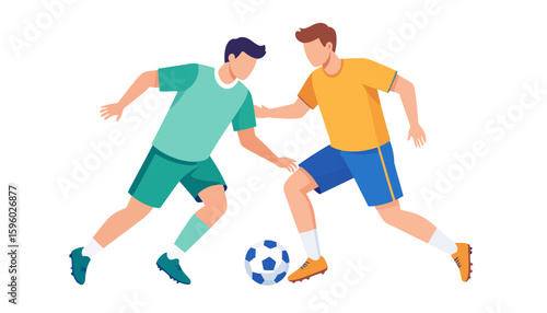 Two male soccer players in colorful uniforms competing for the ball. Flat vector illustration of a football match.