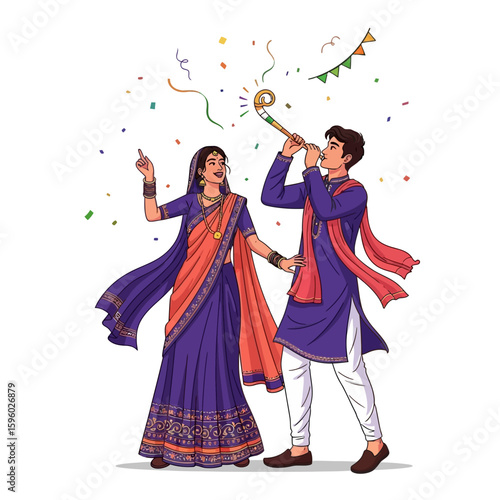A joyful Indian couple celebrating a festival, blowing horns and amidst confetti.