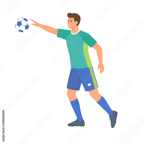 Male soccer player in a green and blue uniform performing a throw-in with a football.