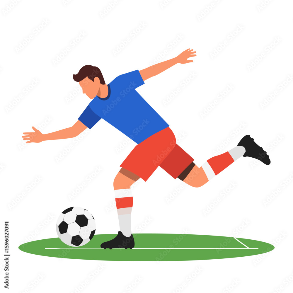 Soccer Player Kicking Ball with Blue Shirt and Red Shorts Illustration Soccer Player Kicking Ball with Blue Shirt and Red Shorts Illustration