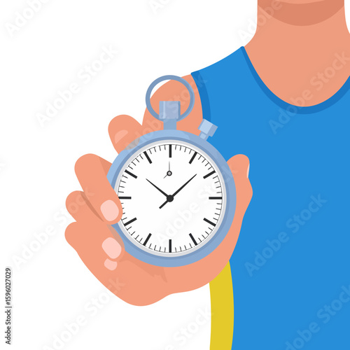 Vector Illustration of a Blue Stopwatch Held in a Hand, Timing Concept