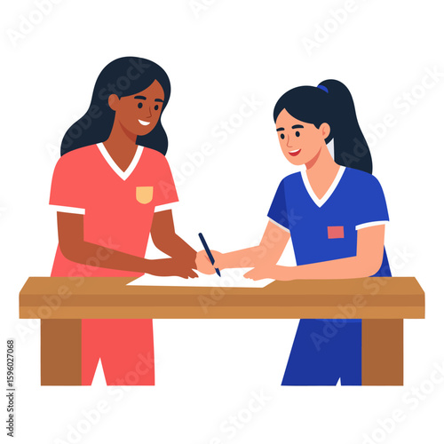Two diverse female nurses in colorful scrubs collaborating at a wooden desk, one writing on a document.