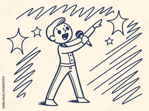 Vector illustration of a boy singing with a microphone and expressing joy