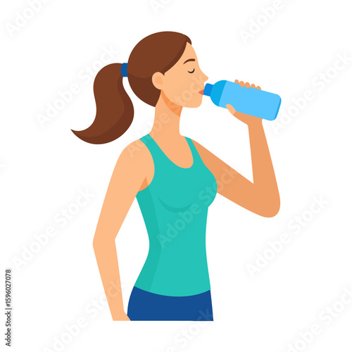 Woman Drinking Water from Blue Bottle, Ponytail, Active Lifestyle