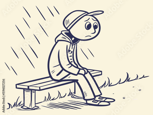 Vector illustration of a sad boy sitting on a bench in the rain
