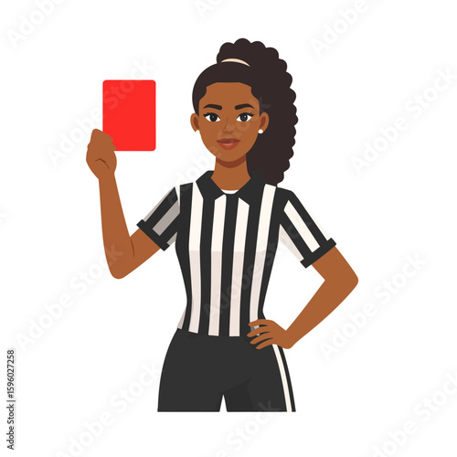 Confident Female Referee Showing Red Card, Black and White Striped Shirt, Dark Skin